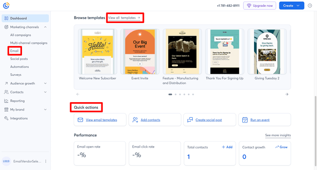 Constant Contact dashboard template options