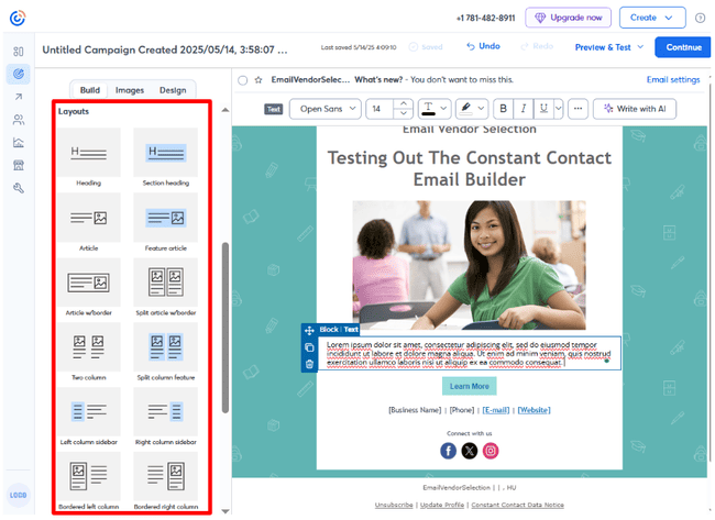 Constant Contact email builder layout options