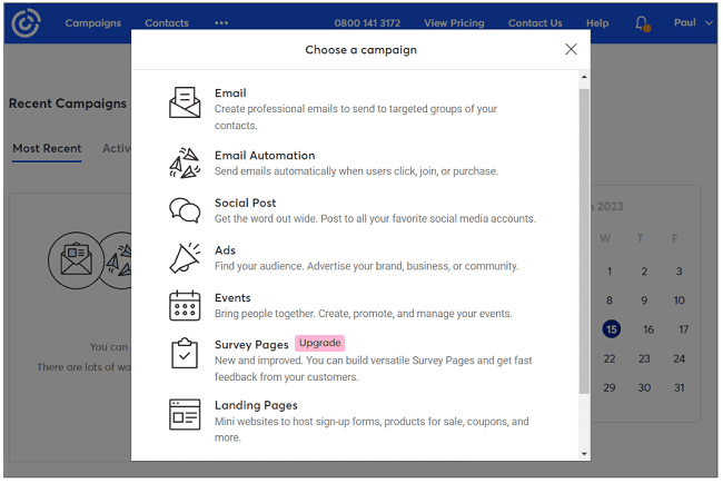 Constant Contact email campaign options