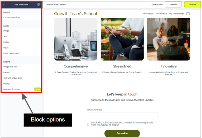Content blocks in Teachable’s web page editor