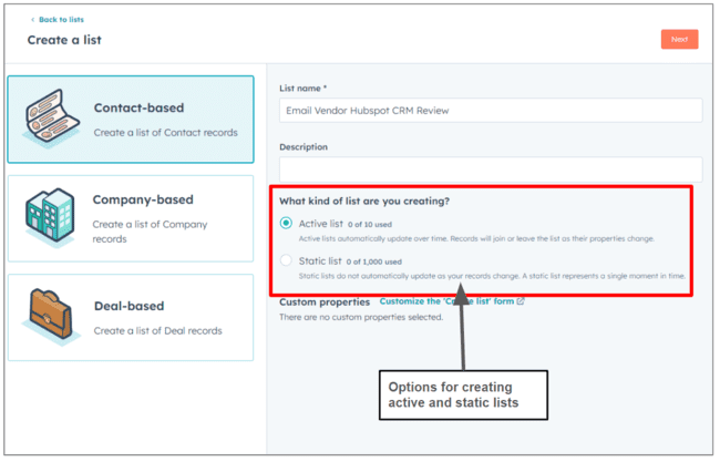 crear listas en Hubspot CRM