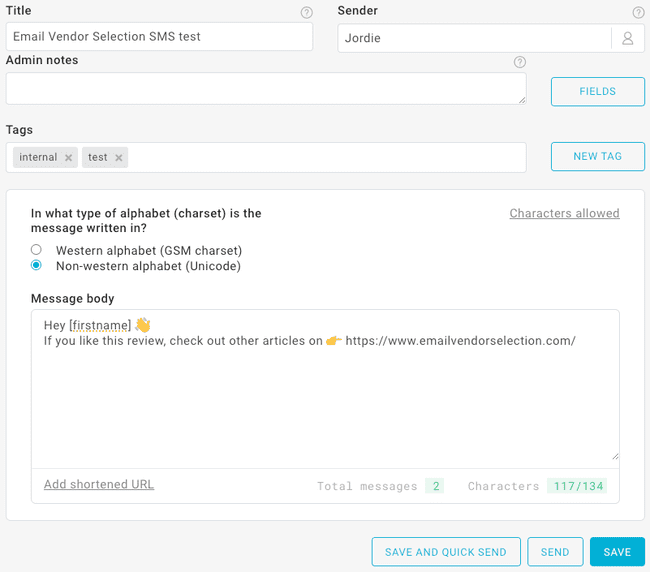 creating a new SMS in Mailup