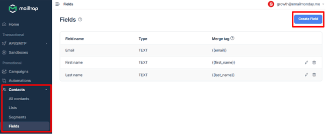 Creating contact fields in Mailtrap