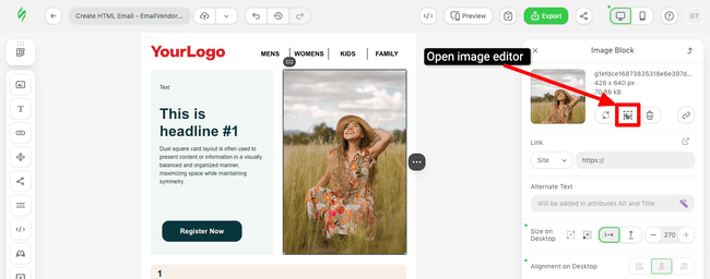 Editor de imágenes integrado en Stripo