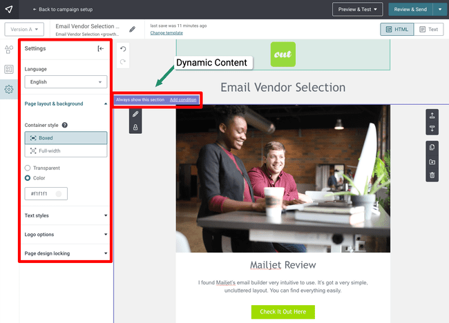 email campaign editor settings
