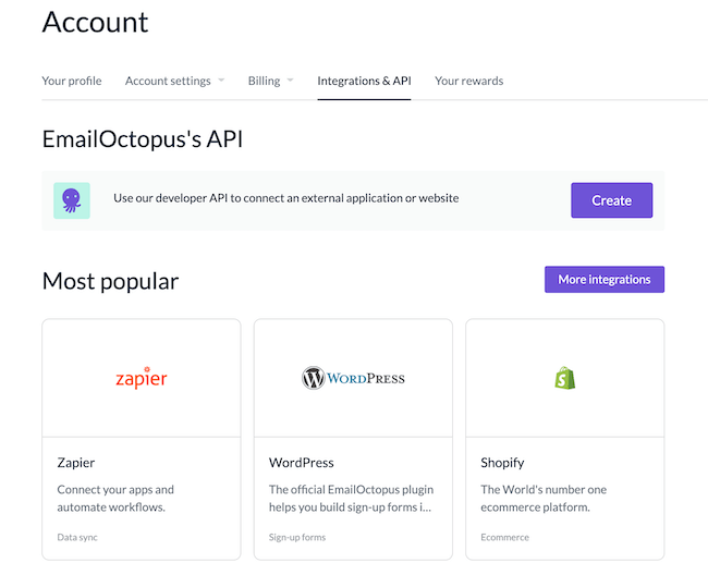 EmailOctopus Review setting up integrations