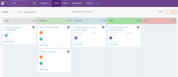 EngageBay contact management and deals page