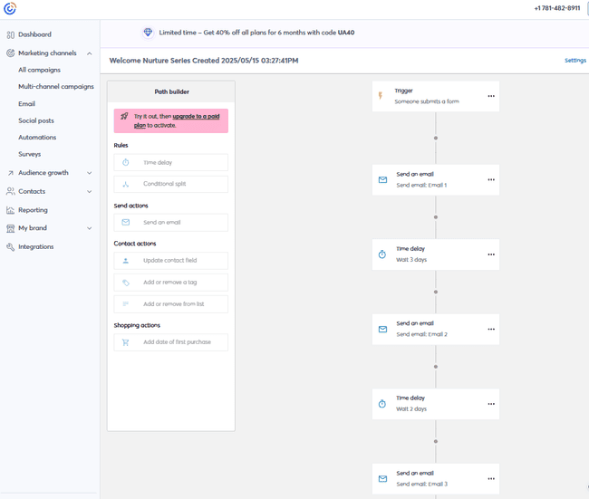 Flujo de trabajo de automatización de la serie de bienvenida de Constant Contact
