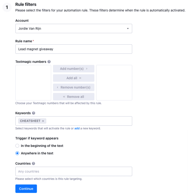 Flujo de trabajo de mensajes de texto de reglas de automatización de SMS Revisión de Textmagic