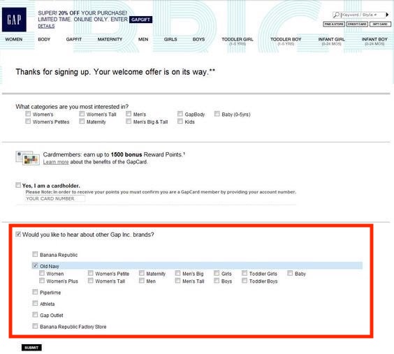 formulario de suscripción universal de Gap