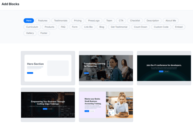 FreshLearn landing page blocks