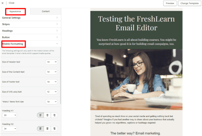 FreshLearn mobile formatting options for email