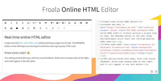 Froala html editor interface