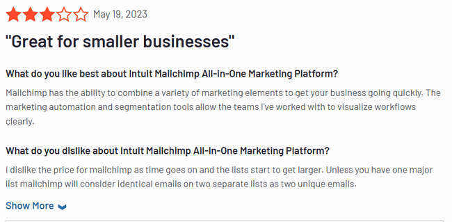 G2 Mailchimp user review