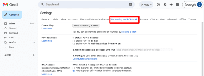 Gmail SMTP settings forwarding IMAP POP