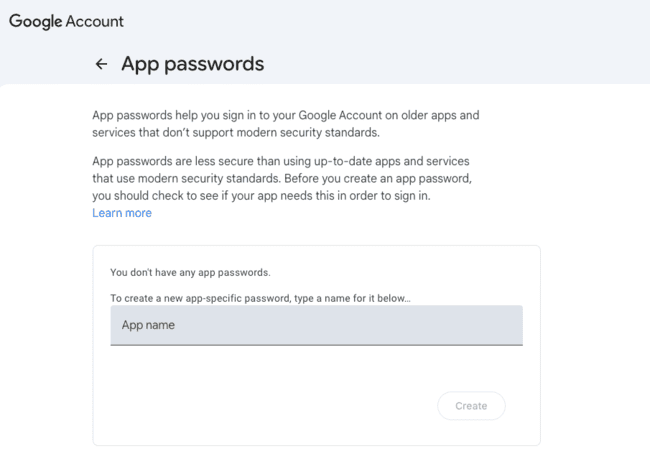 Google App Password SMTP server setup