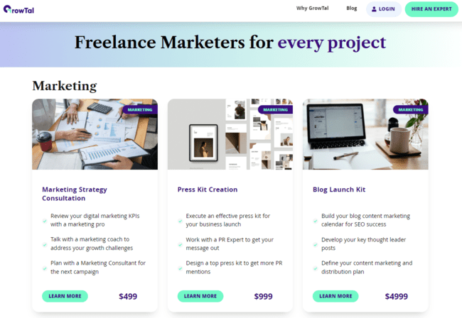 GrowTal marketing freelance platform accelerator packages