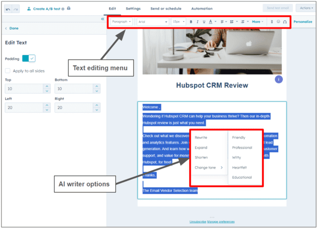 Hubspot AI tools and text editing options