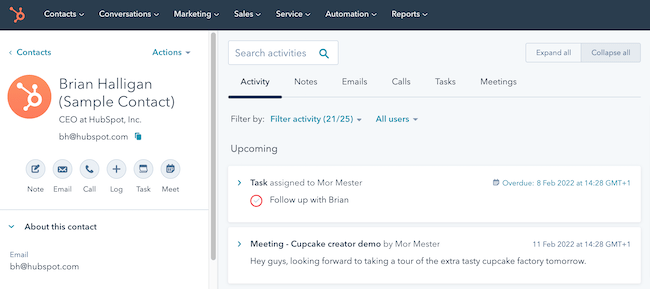 Hubspot email CRM contact profile