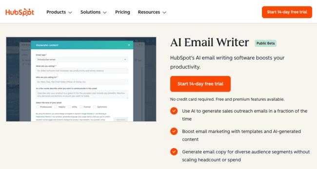 Hubspot CRM platform with built-in AI email writing
