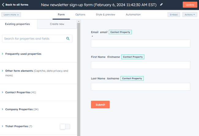 Hubspot CRM software form builder