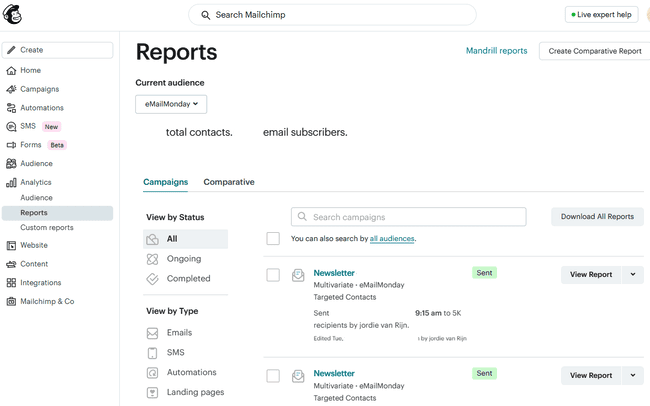 informes de campañas de Mailchimp