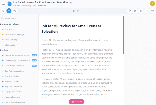 Ink for All AI writer interface