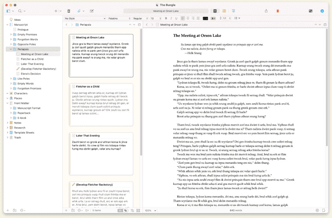 Interfaz de la herramienta de creación de ebooks Scrivener