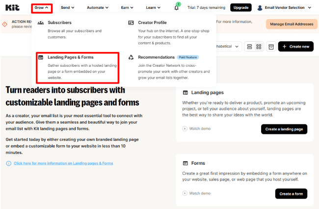 Kit Landing Pages and Forms menu