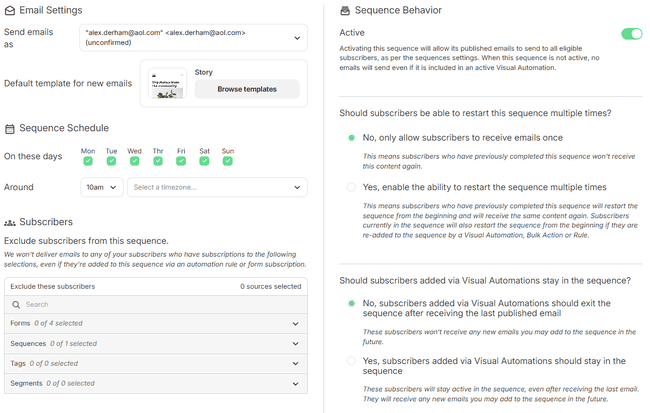 Kit email sequence settings
