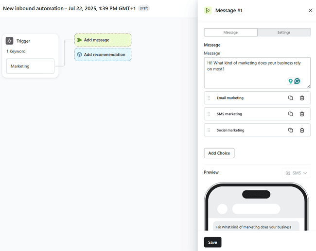 Klaviyo SMS automation builder
