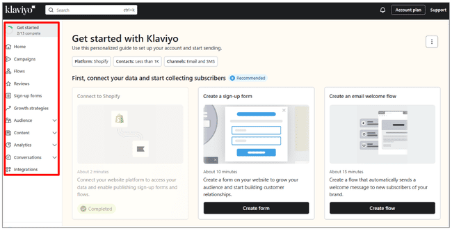 Klaviyo email marketing tools main menu