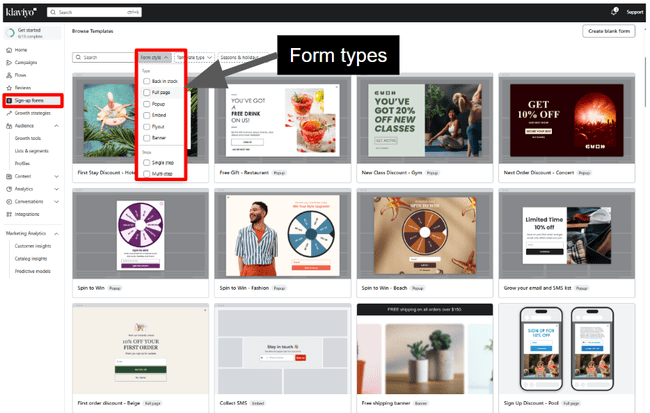 Klaviyo form templates and types