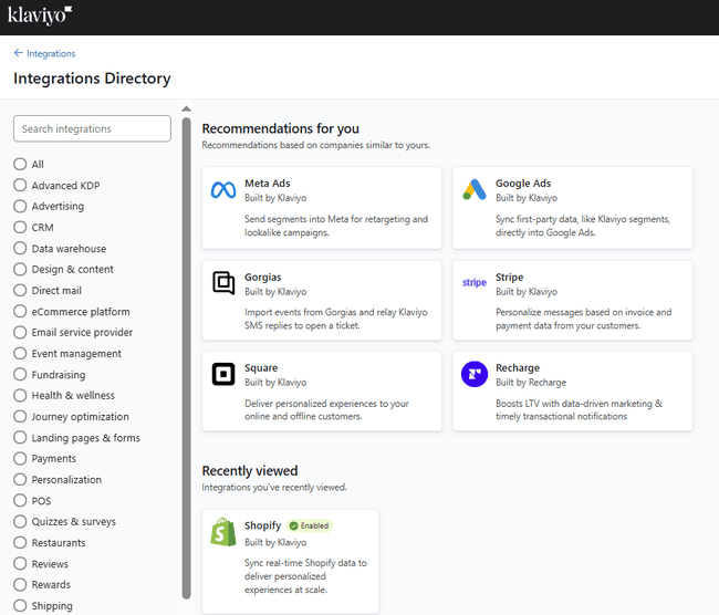 Klaviyo integrations