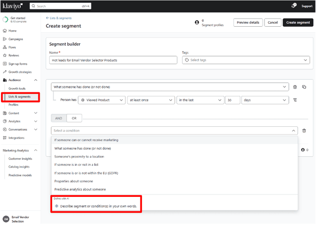Klaviyo segment builder