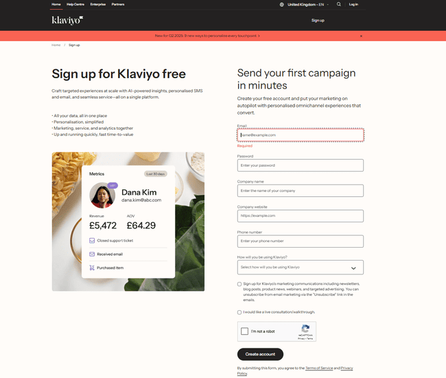 Klaviyo sign up page
