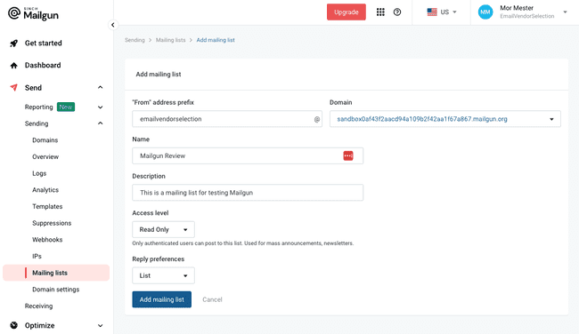 listas de email de Mailgun