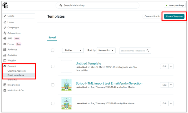 Mailchimp email marketing template menu
