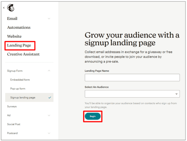 Mailchimp landing page options