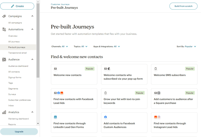 Mailchimp pre-built automation templates for customer journeys