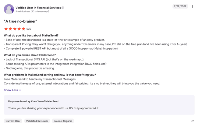 Mailersend reviews from fintech users