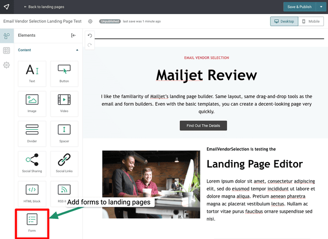 Mailjet landing page builder