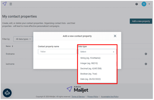 Mailjet review creating contact properties