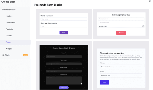 mailmodo pre made form blocks