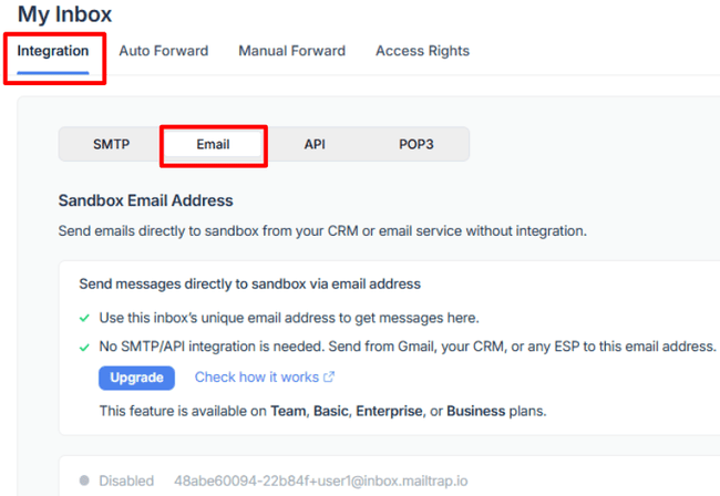 Mailtrap Sandbox access options