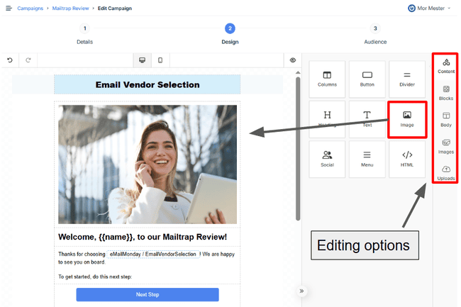 Mailtrap drag and drop email editor