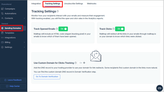 Mailtrap tracking settings