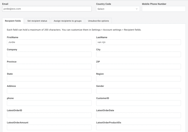 Mailup contact fields