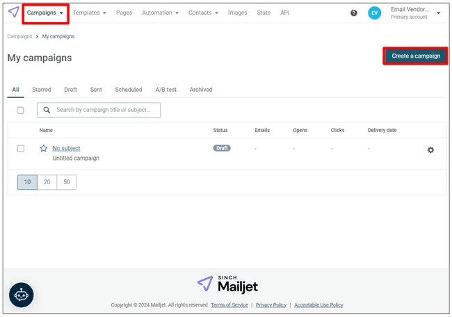 menú de campañas de correo electrónico de Mailjet