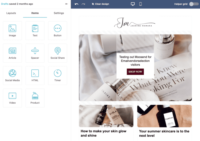 Moosend drag-and-drop email editor